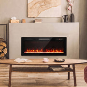 Electric fire on a plaster wall above a wooden coffee table with lamps