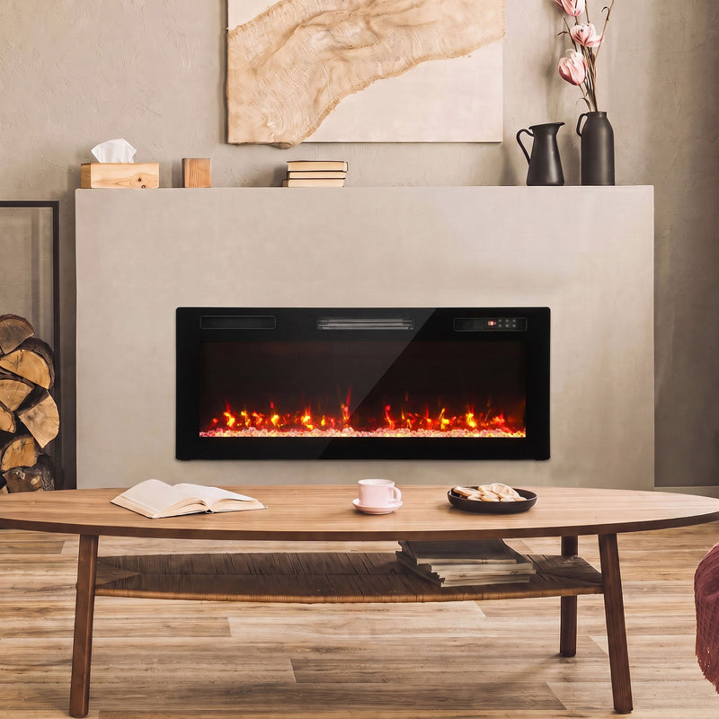 Electric fire on a plaster wall above a wooden coffee table with lamps