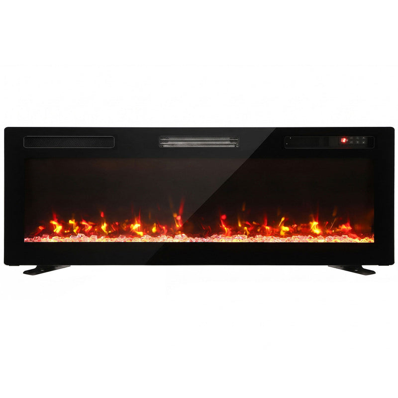 Black 127 cm ultra-thin electric fire with orange flames on two metal feet, white background