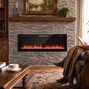 Wall mounted electric fire above a stone chimney breast in a cosy living room