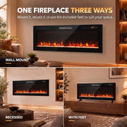 Three installation options shown: wall mounted, recessed and freestanding on feet