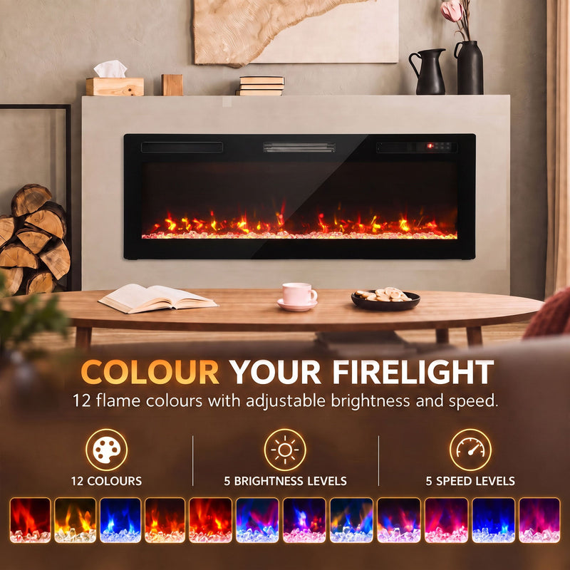 Flame colour panel showing 12 colours, 5 brightness levels and 5 speed levels