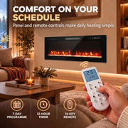 Hand holding the remote with a 7-day programme, 12-hour timer and 14-key remote icons