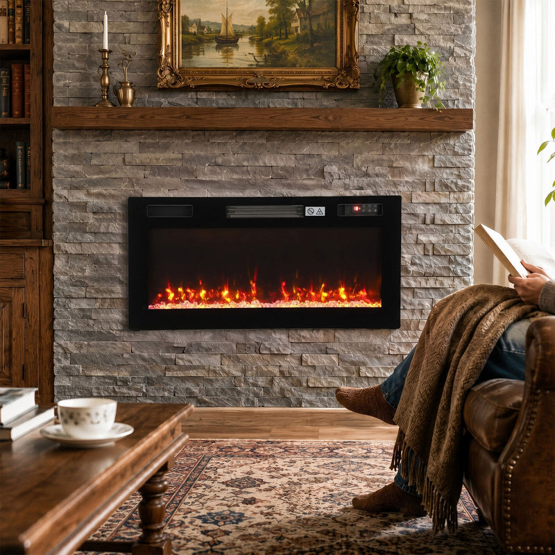 Wall mounted electric fire above a stone chimney breast in a cosy living room