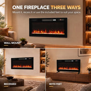 Three installation options shown: wall mounted, recessed and freestanding on feet