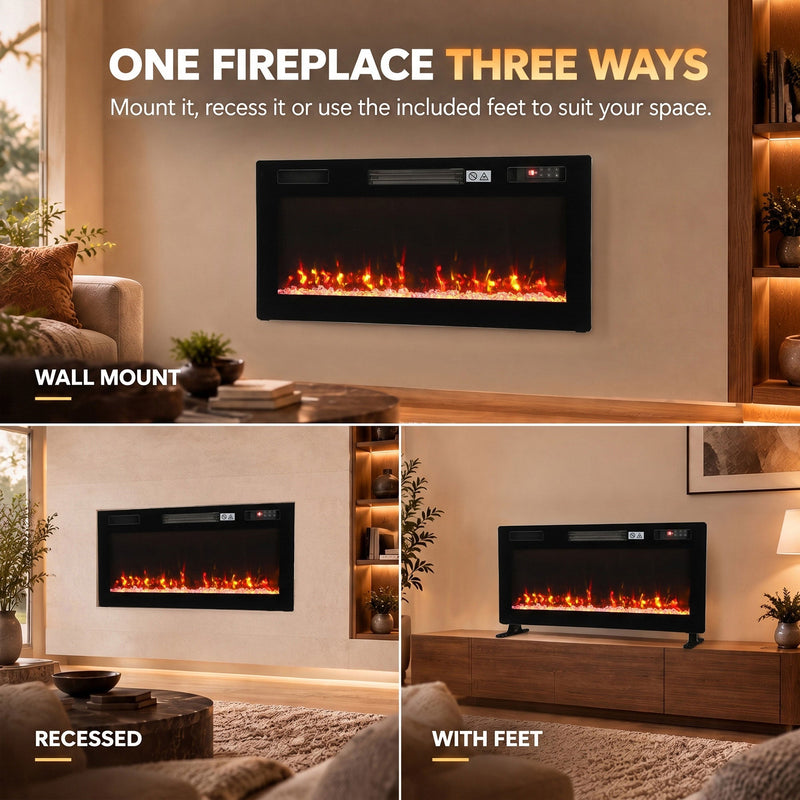 Three installation options shown: wall mounted, recessed and freestanding on feet