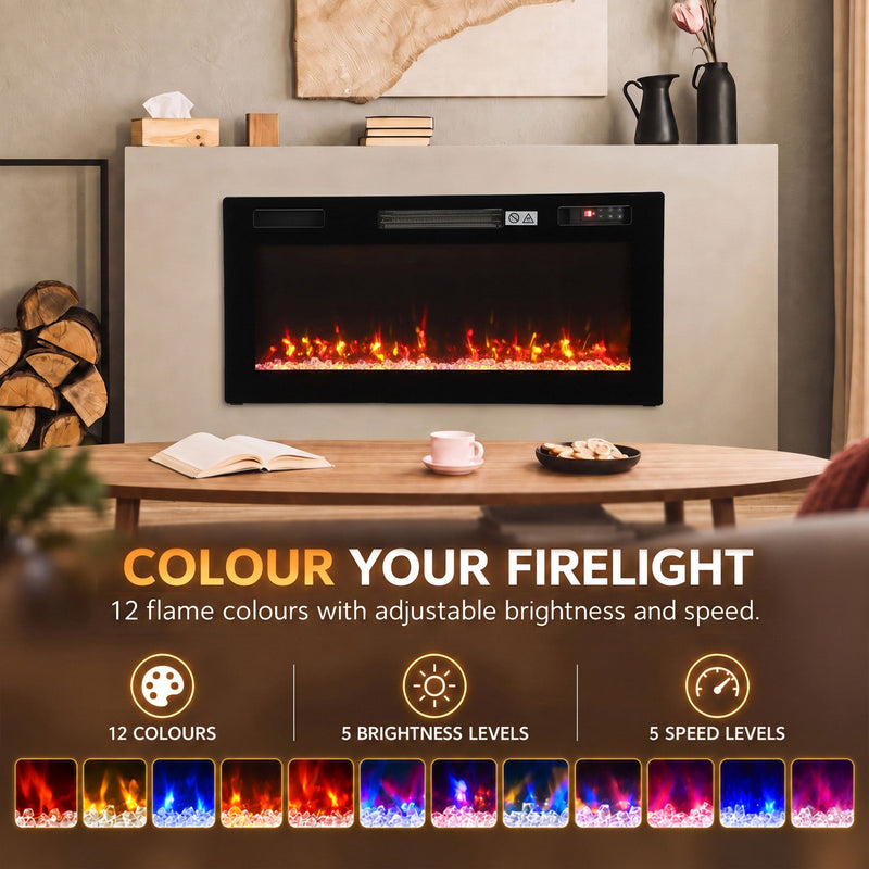 Flame colour panel showing 12 colours, 5 brightness levels and 5 speed levels