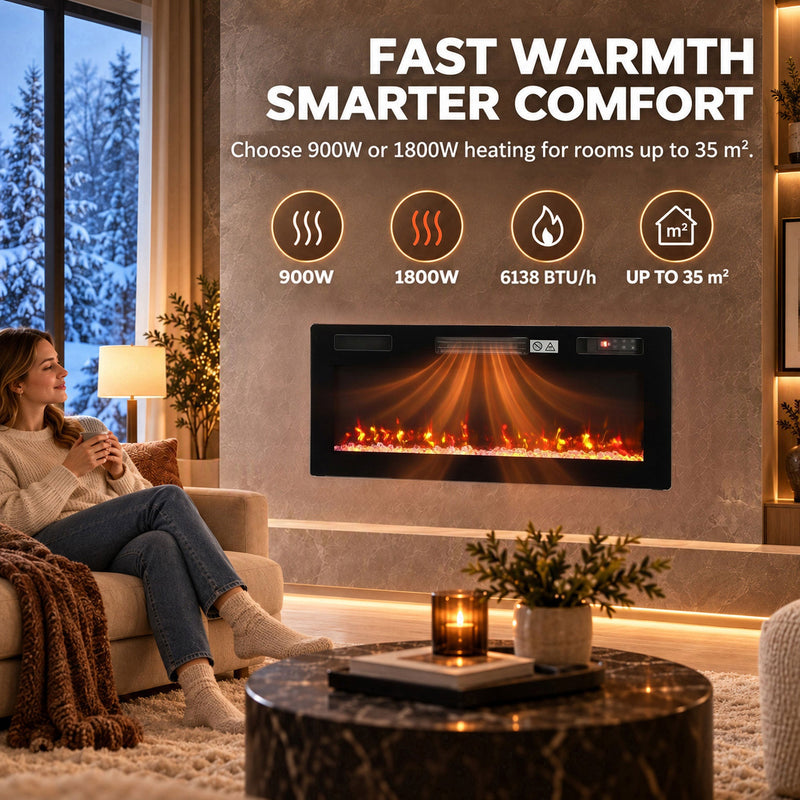 Woman relaxing by the electric fire with 900 W and 1800 W heat settings up to 35 m²