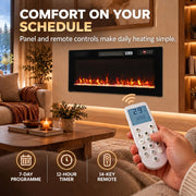 Hand holding the remote with a 7-day programme, 12-hour timer and 14-key remote icons