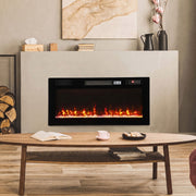 Electric fire on a plaster wall above a wooden coffee table with lamps