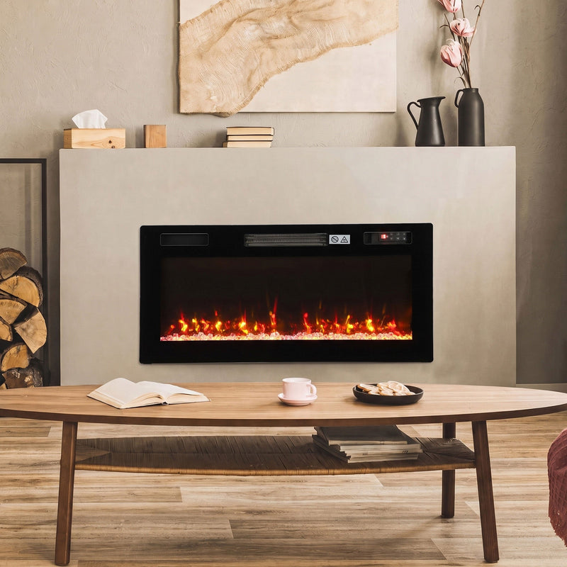 Electric fire on a plaster wall above a wooden coffee table with lamps