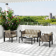 4 Piece Metal Garden Furniture Set with Glass Table and Cushions Khaki by Outsunny