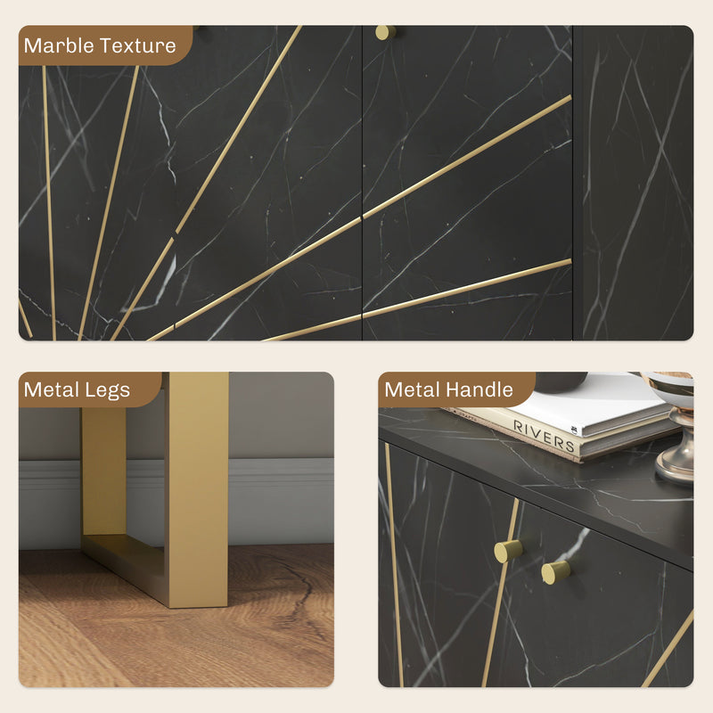 Modern Sideboard Storage Cabinet With Adjustable Shelves For Home Organisation, Black Marble Tone