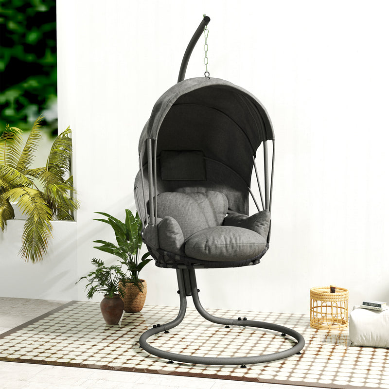 Grey Hanging Egg Chair Swing with Stand Cushion and Retractable Canopy for Indoor or Outdoor by Outsunny