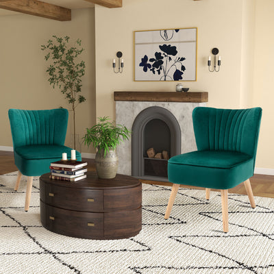 Velvet Accent Tub Chairs Set of 2 with Curved Back and Wood Legs for Lounge Use Green