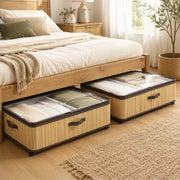 Two HOMCOM bamboo under bed storage boxes with folded clothing beneath a wooden bed