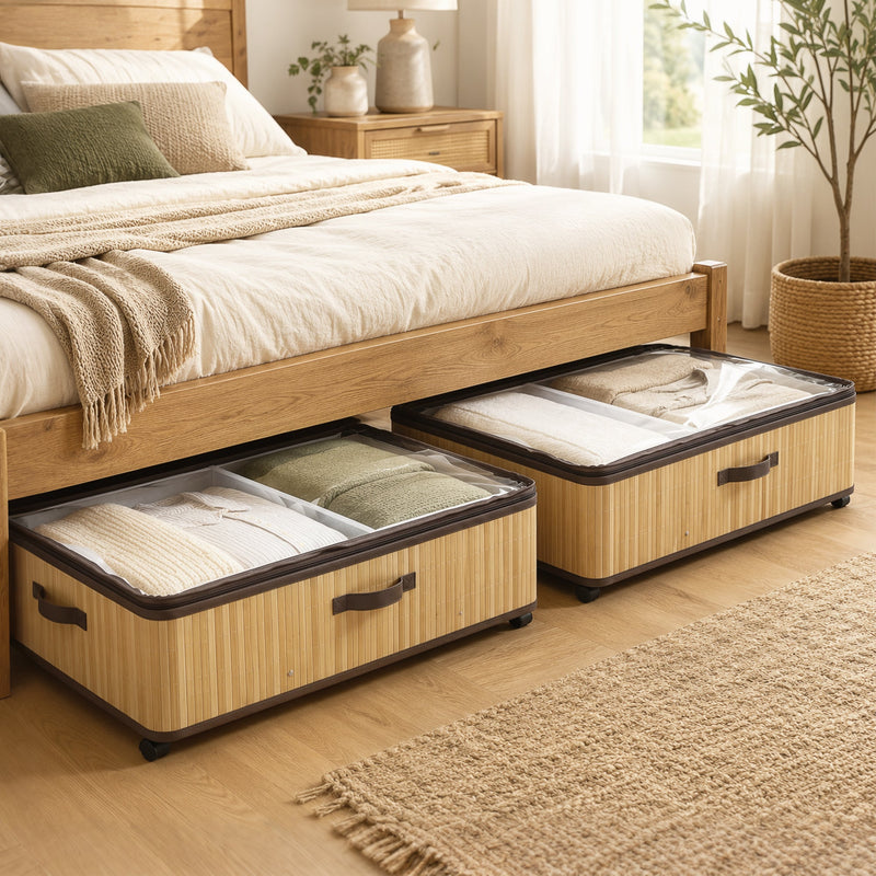 Two HOMCOM bamboo under bed storage boxes with folded clothing beneath a wooden bed