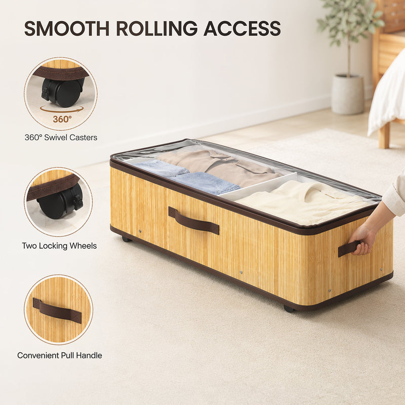 Close-up of the 360 degree swivel casters, two lockable wheels and pull handle