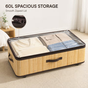 60L storage box interior with folded clothes and a smooth zipped lid