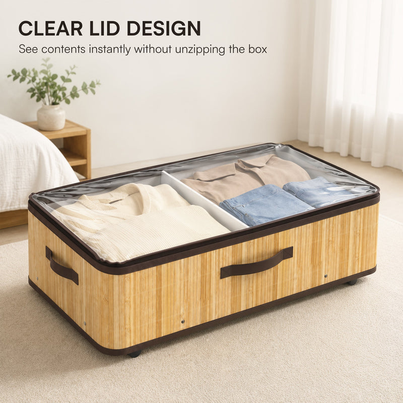 Clear PVC lid on the storage box showing folded clothes inside without unzipping