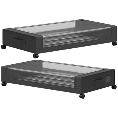 Two Homcom black under-bed storage boxes with clear lids and castor wheels