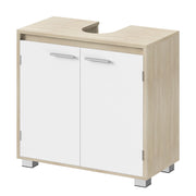 Natural beige and cloud white under sink bathroom cabinet with 2 closed doors, studio three-quarter view