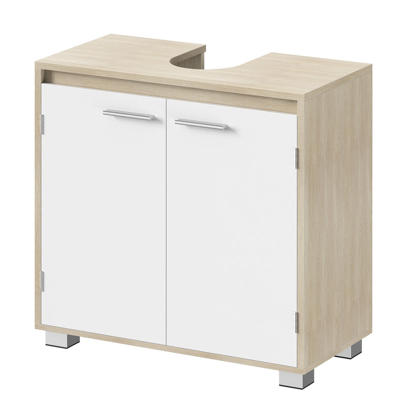 Natural beige and cloud white under sink bathroom cabinet with 2 closed doors, studio three-quarter view