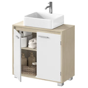 The cabinet with a white countertop basin and tap on top and the left door open showing 2 compartments