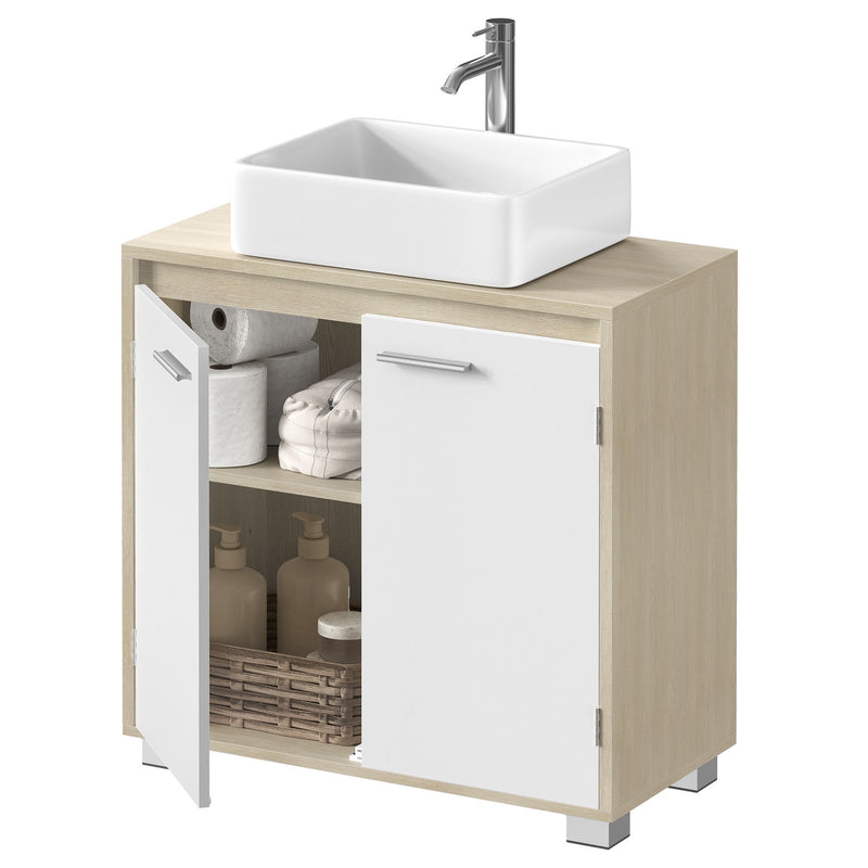 The cabinet with a white countertop basin and tap on top and the left door open showing 2 compartments