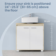 Fitting guide showing the 62 cm cabinet top and a recommended sink height of 61 to 65 cm above the floor