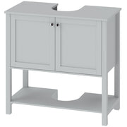 Light Blue under sink bathroom cabinet with 2 doors, open lower shelf and U-shaped cut-out on a white background