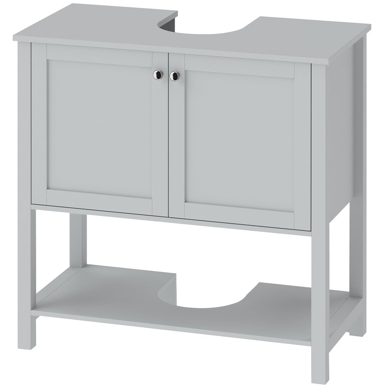 Light Blue under sink bathroom cabinet with 2 doors, open lower shelf and U-shaped cut-out on a white background