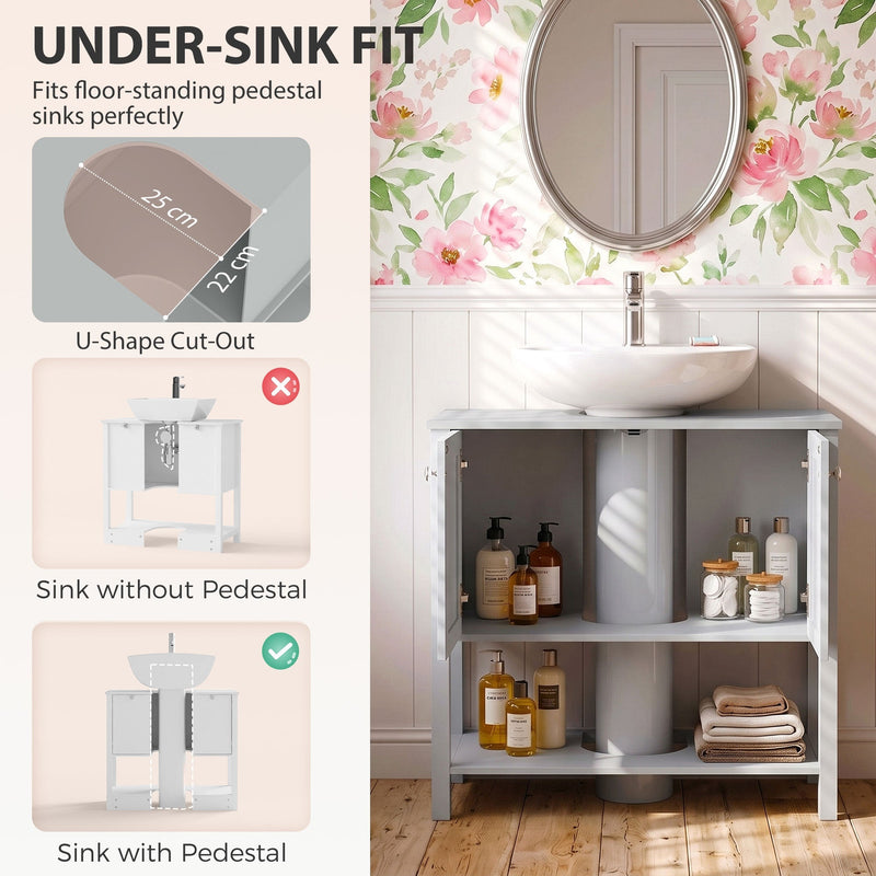 Under-sink fit panel showing the 22 x 25 cm U-shaped cut-out for a pedestal sink on the light blue cabinet