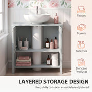 Open light blue cabinet doors showing toiletries and towels stored around a pedestal sink