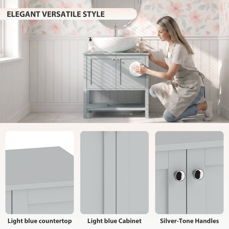 Style panel showing the light blue countertop, light blue cabinet body and silver-tone handles