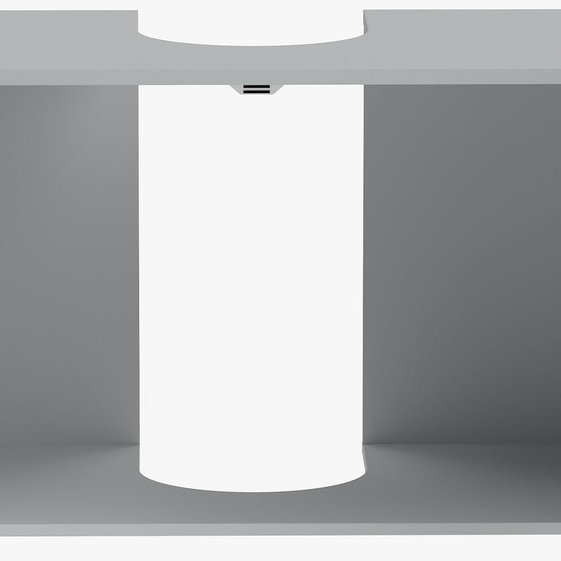 Close-up of the open lower shelf with a pedestal column through the light blue cabinet
