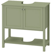 Green under sink bathroom cabinet with 2 doors, open lower shelf and U-shaped cut-out on a white background
