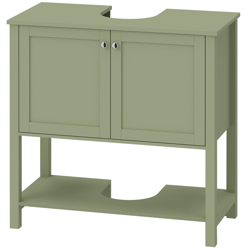 Green under sink bathroom cabinet with 2 doors, open lower shelf and U-shaped cut-out on a white background