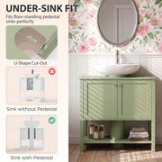 Under-sink fit panel showing the 22 x 25 cm U-shaped cut-out for a pedestal sink on the green cabinet