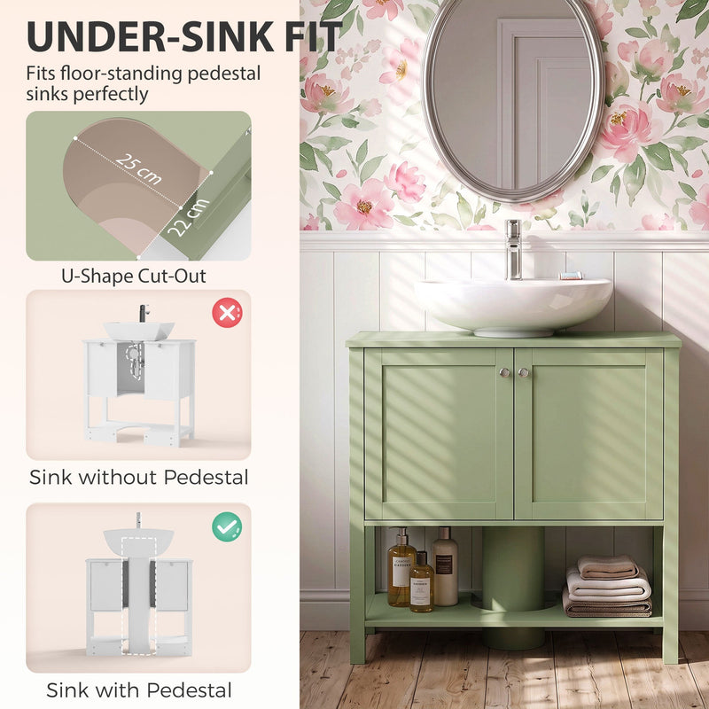 Under-sink fit panel showing the 22 x 25 cm U-shaped cut-out for a pedestal sink on the green cabinet