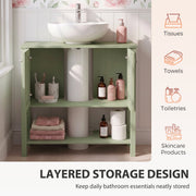 Open green cabinet doors showing toiletries and towels stored around a pedestal sink