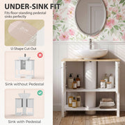 Under-sink fit panel showing the 22 x 25 cm U-shaped cut-out for a pedestal sink on the white cabinet