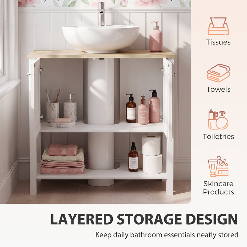 Open white cabinet doors showing toiletries and towels stored around a pedestal sink