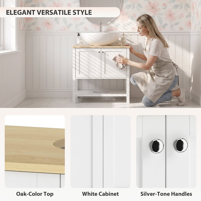 Style panel showing the oak-colour top, white cabinet body and silver-tone handles