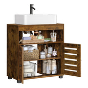 Rustic brown under sink cabinet with a white basin on top and both louvered doors open