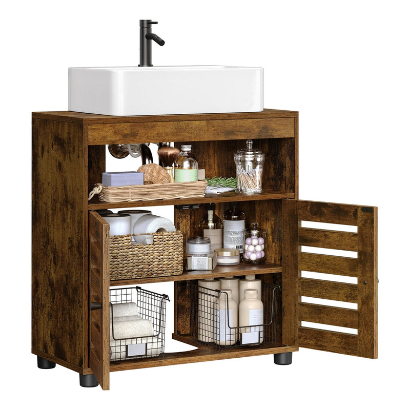 Rustic brown under sink cabinet with a white basin on top and both louvered doors open