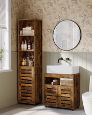 Rustic brown under sink cabinet in a bathroom beside a matching tall storage cabinet