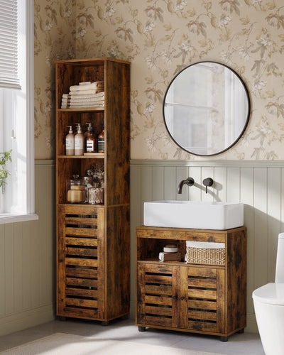 Rustic brown under sink cabinet in a bathroom beside a matching tall storage cabinet