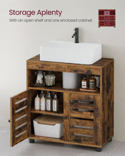 Cabinet with one louvered door open, showing the inner shelf and the open top shelf