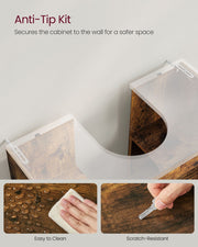 Anti-tip kit fixing the cabinet to the wall, with easy clean and scratch resistant surface close-ups